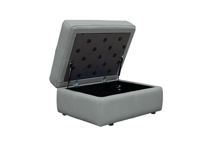 Gray storage ottoman with open lid on a white background
