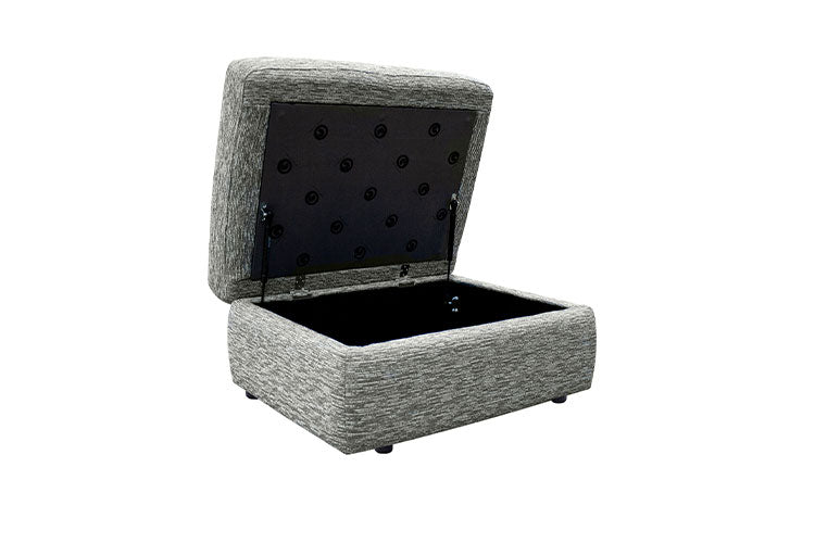 Gray textured storage ottoman with open lid on a white background