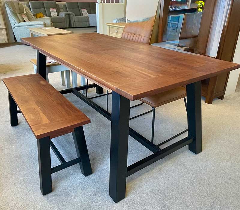 Acacia dining table with black legs and frame with bench and 2 chairs