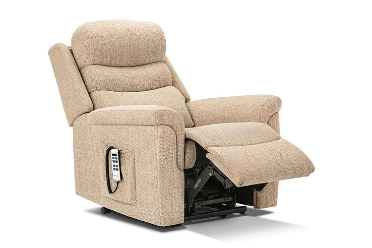 Beige recliner chair with remote control on a white background
