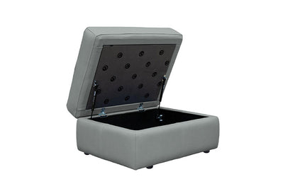 Gray storage ottoman with open lid on a white background