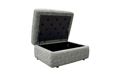 Gray textured storage ottoman with open lid on a white background