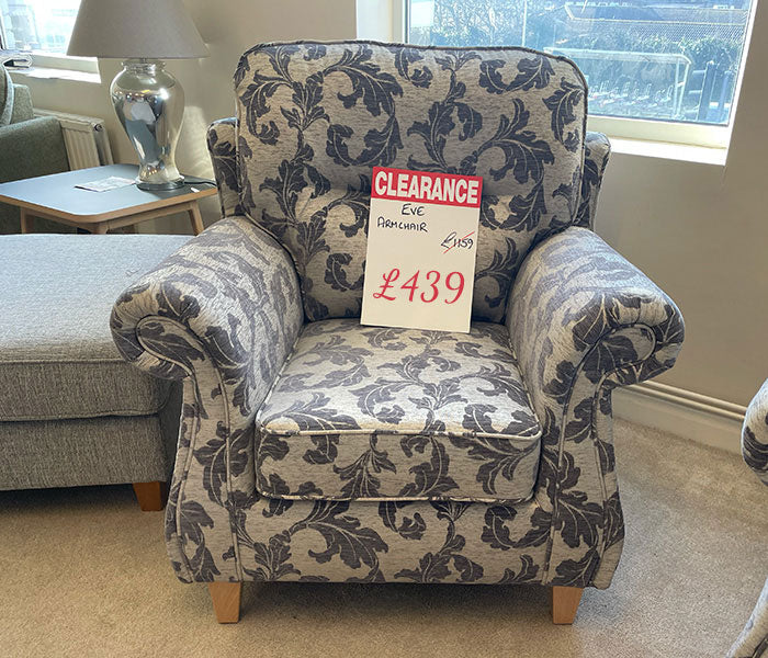 Eve armchair - silver and dark grey floral print only £439 to clear