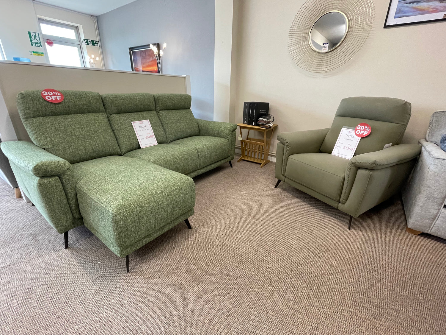 Italian sofa and leather chair in green